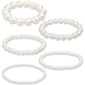 White Pearl Bracelets for Women Set of 5 Stretch Stackable Bridal Wedding Jewelr